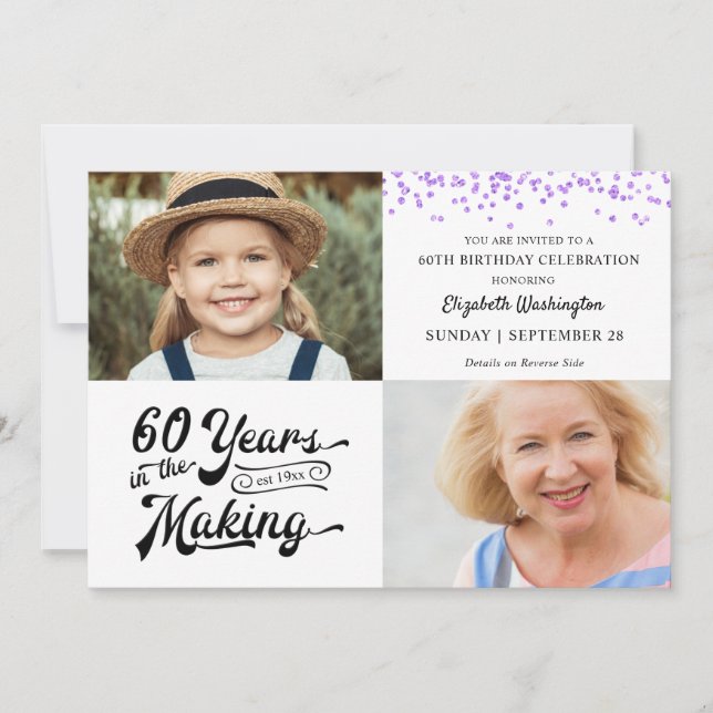60th Birthday YEARS IN THE MAKING Purple Confetti Invitation (Front)