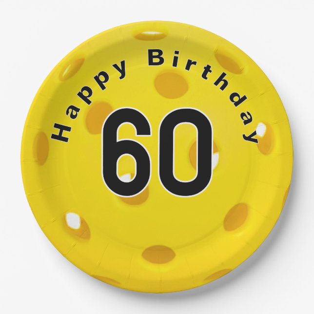 60th Birthday Yellow Pickleball Paper Plates (Front)