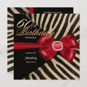60th Birthday Zebra Red Bow & Diamonds  Invitation