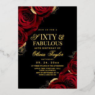 60th Black Burgundy Gold Roses Birthday  Foil Invitation