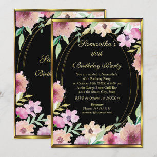 60th Black Floral Gold Birthday Party Invitation