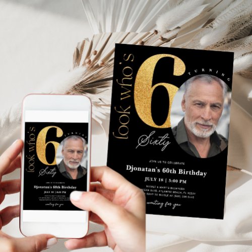 60th Black Gold Birthday Invitation with Photo