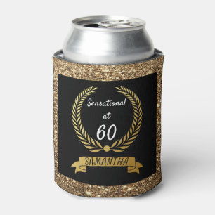 60th Black Gold Glitter Elegant Birthday Party Can Cooler