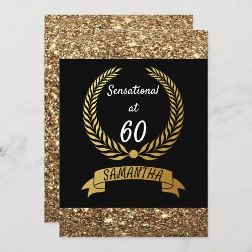 60th Black Gold Glitter Elegant Birthday Party Invitation
