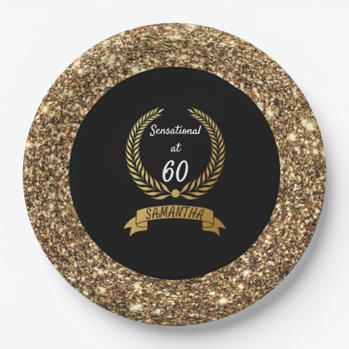 60th Black Gold Glitter Elegant Birthday Party Paper Plates