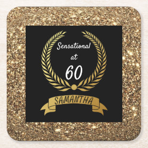 60th Black Gold Glitter Elegant Birthday Party Square Paper Coaster