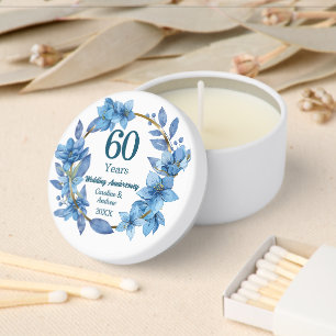 60th Blue Floral Diamond Wedding Anniversary Mini Candle Favors