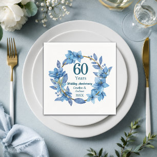 60th Blue Floral Diamond Wedding Anniversary  Napkins