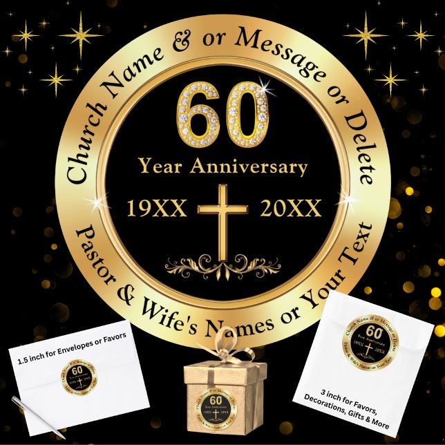 60th Church Anniversary, for Favors, Envelopes... Classic Round Sticker (Church 60th anniversary party stickers. Black and gold, 60th church anniversary stickers. 60 year.)