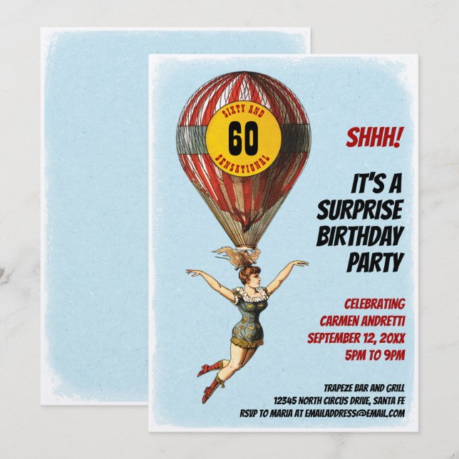 60th Circus Balloon Girl Invitation (Front/Back)