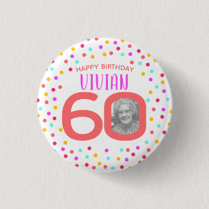 60th custom photo colorful coral confetti birthday button