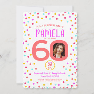60th custom photo colorful coral confetti birthday invitation