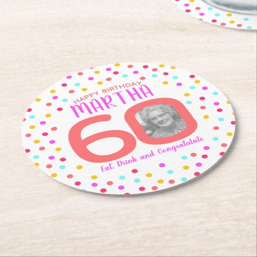 60th custom photo colorful coral confetti birthday round paper coaster