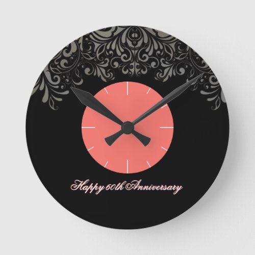 60th Damask Coral Black Anniversary Celebration Round Clock
