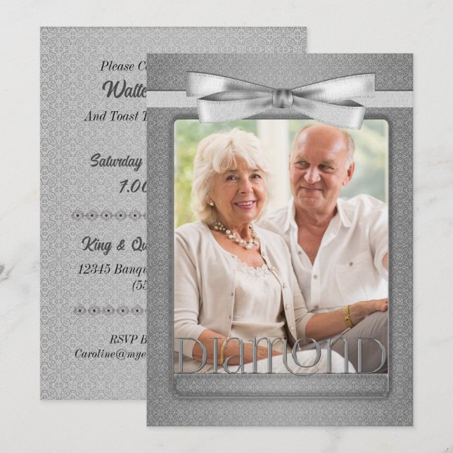60th Diamond Anniversary Damask Party with Photo Invitation (Front/Back)