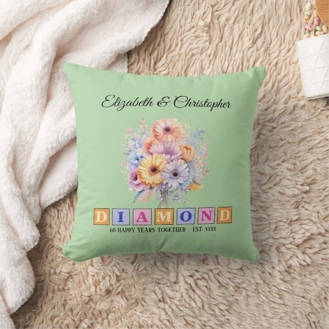60th Diamond anniversary floral green Throw Pillow (Blanket)