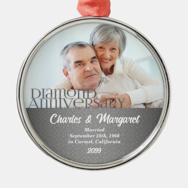 60th Diamond Anniversary Silver Damask Christmas Metal Ornament (Front)