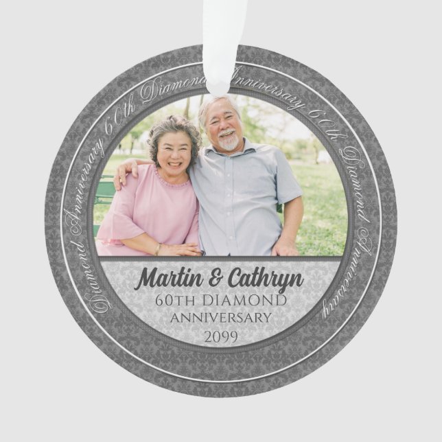 60th Diamond Anniversary Silver Damask Photo Ornament (Front)