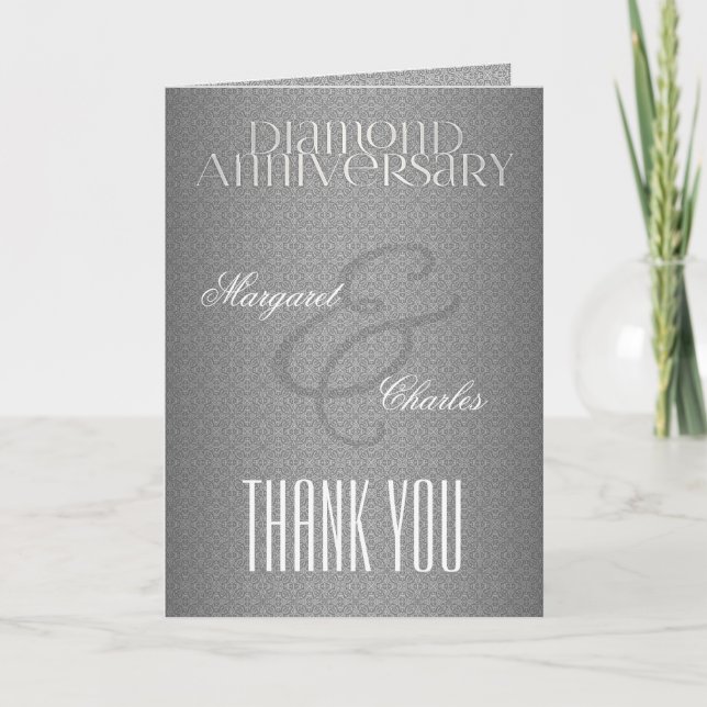 60th Diamond Anniversary Silver Damask Thank You Card (Front)