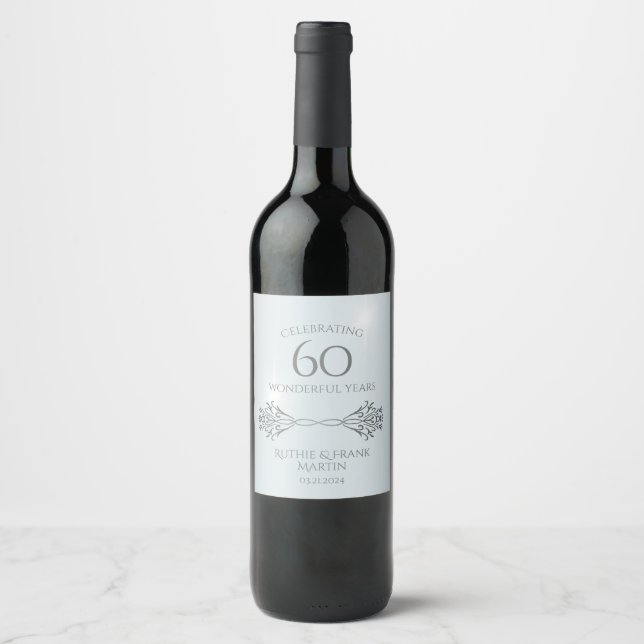 60th Diamond Anniversary Stylish Personalized Gift Wine Label (Front)