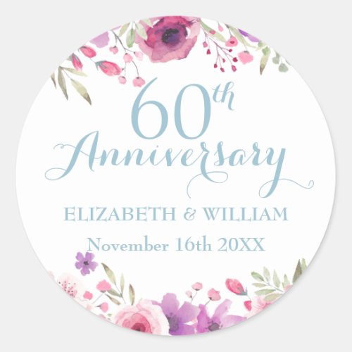 60th Diamond Anniversary Watercolour Roses Classic Round Sticker