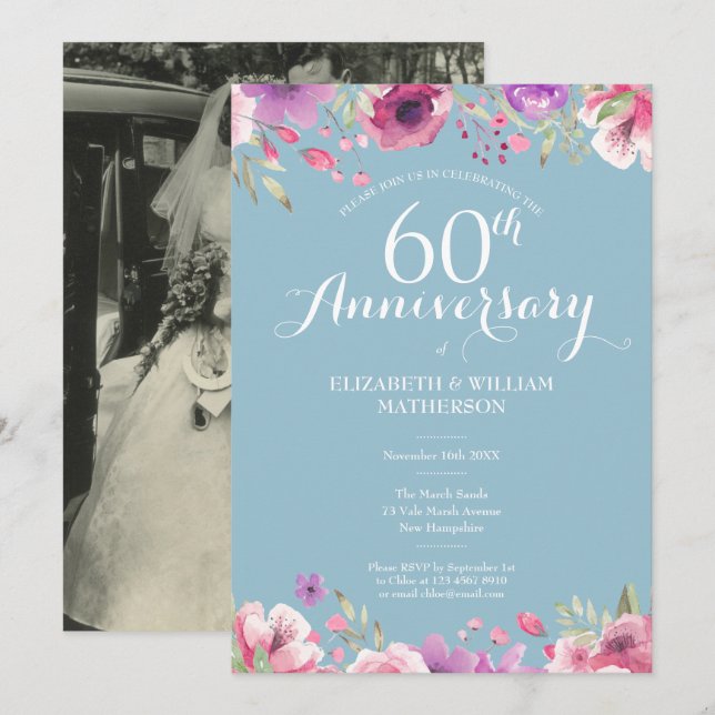 60th Diamond Anniversary Wedding Photo Floral Invitation (Front/Back)