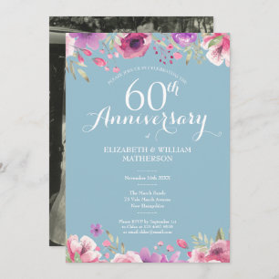 60th Diamond Anniversary Wedding Photo Floral Invitation