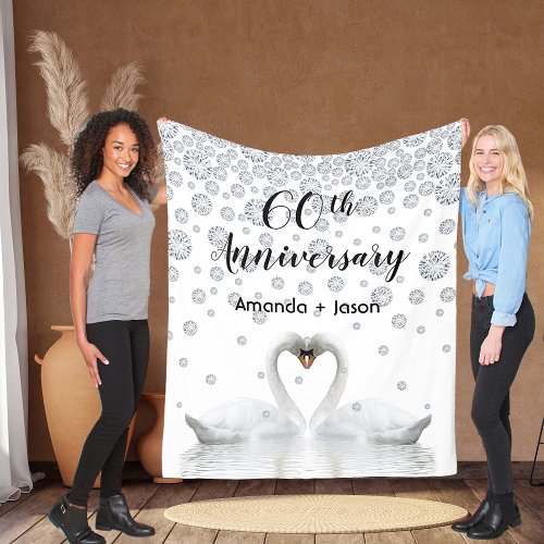 60th diamond anniversary white swans in love fleece blanket