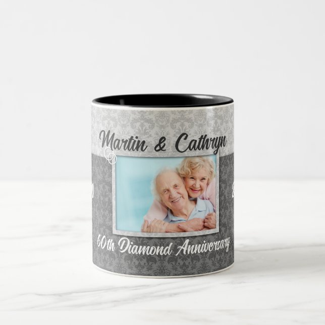 60th Diamond Anniversary with Couple's Photo Two-Tone Coffee Mug (Center)