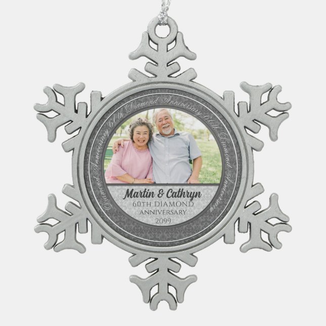 60th Diamond Annivsersary Silver Damask Photo Snowflake Pewter Christmas Ornament (Front)