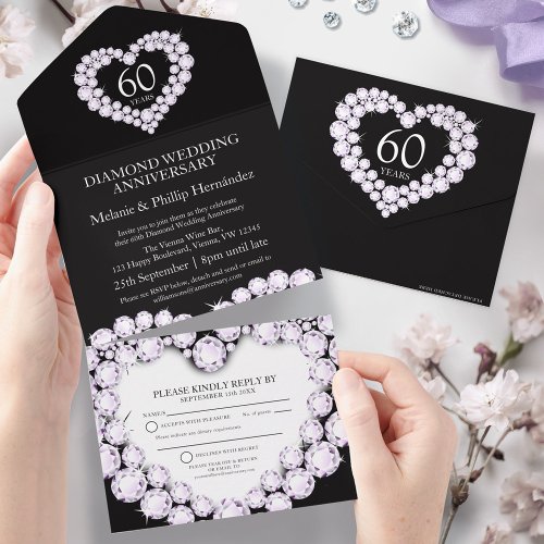 60th diamond wedding anniversary black white  all in one invitation