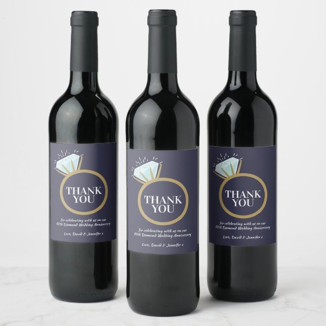 60th diamond wedding anniversary blue favor  wine label (Bottles)