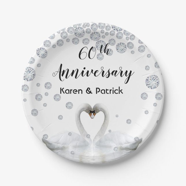 60th diamond wedding anniversary chic white swans paper plates (Front)