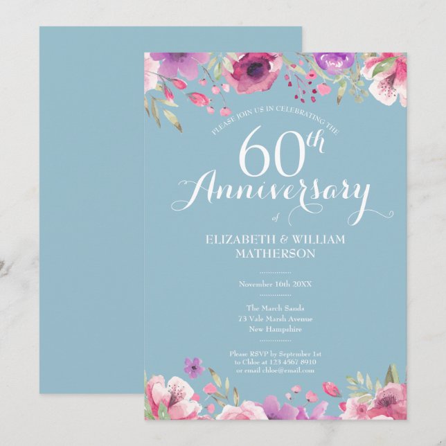 60th Diamond Wedding Anniversary Country Floral Invitation (Front/Back)