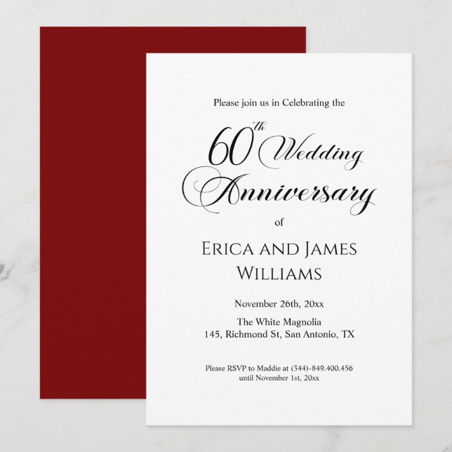 60th Diamond Wedding Anniversary Elegant Script Invitation (Front/Back)