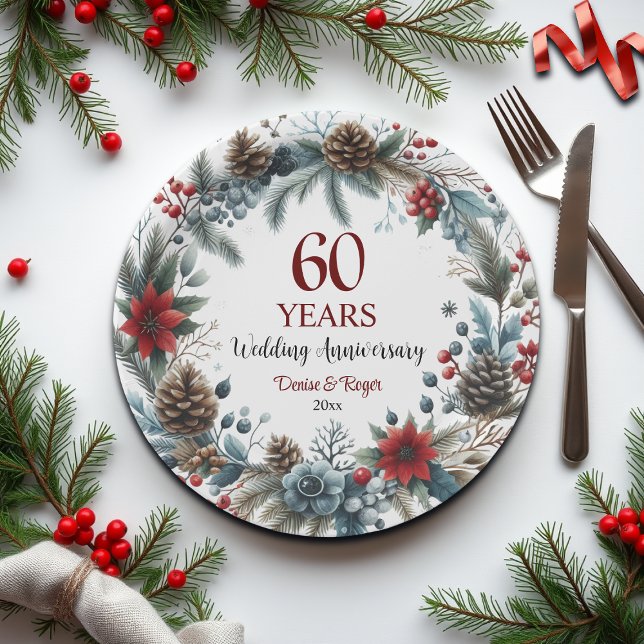 60th Diamond Wedding Anniversary Elegant Winter Paper Plates (Creator Uploaded)