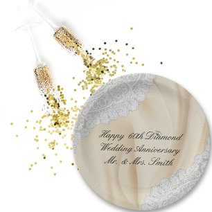 60th Diamond Wedding Anniversary Faux Satin+Lace Paper Plates