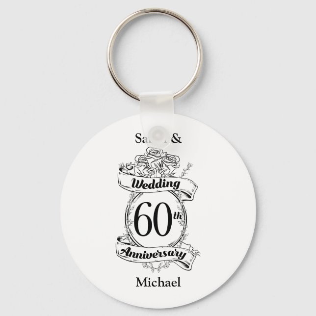 60th Diamond Wedding Anniversary Flowers Keychain (Front)