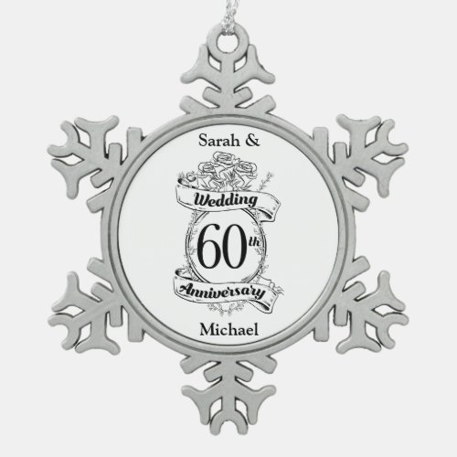 60th Diamond Wedding Anniversary Flowers Snowflake Pewter Christmas Ornament