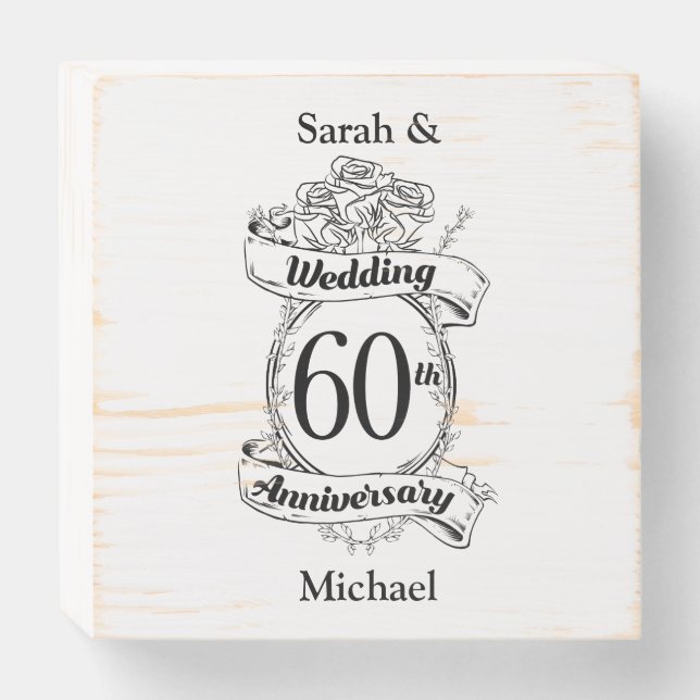 60th Diamond Wedding Anniversary Flowers Wooden Box Sign (Front Horizontal)