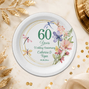 60th Diamond Wedding Anniversary Gold Frame Floral Paper Plates