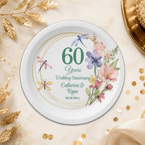 60th Diamond Wedding Anniversary Gold Frame Floral Paper Plates