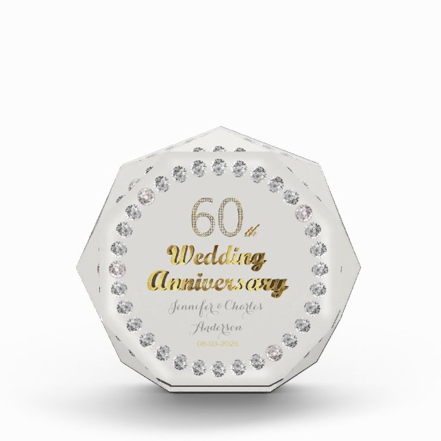 60th Diamond Wedding Anniversary Gold Typography Acrylic Award (Front)