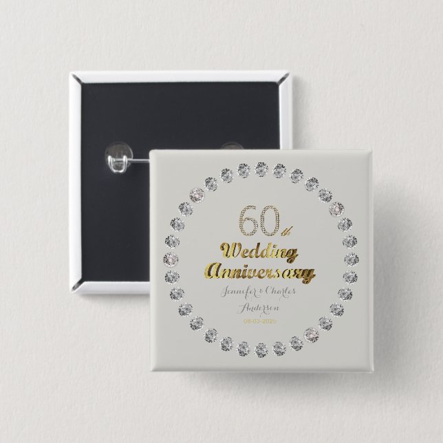 60th Diamond Wedding Anniversary Gold Typography Button (Front & Back)