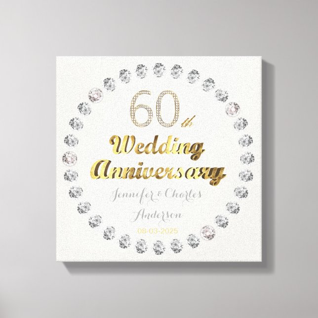 60th Diamond Wedding Anniversary Gold Typography Canvas Print (Front)