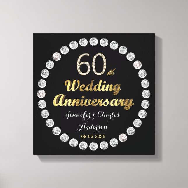 60th Diamond Wedding Anniversary Gold Typography Canvas Print (Front)