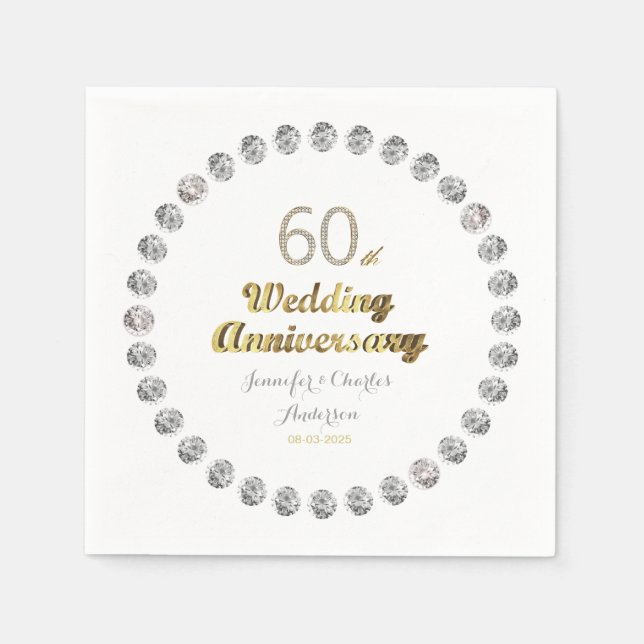 60th Diamond Wedding Anniversary Gold Typography Napkins (Front)