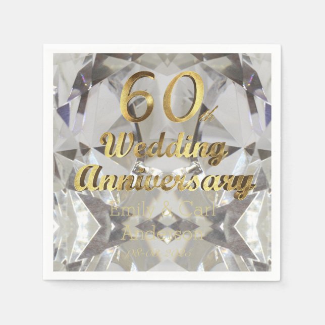 60th Diamond Wedding Anniversary Gold Typography Paper Napkins (Front)