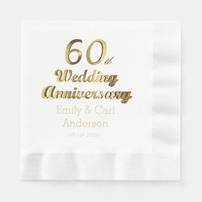 60th Diamond Wedding Anniversary Gold Typography Paper Napkins (Front)