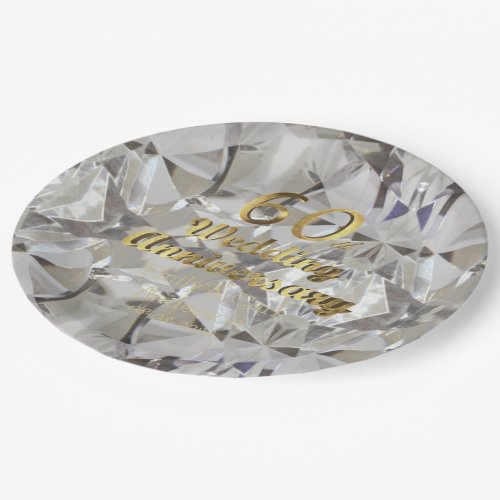 60th Diamond Wedding Anniversary Gold Typography Paper Plates